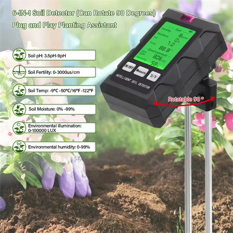 NEW Arrivals 6 In 1 Soil Tester Soil Fertility PH Temperature Humidity Sunlight Air Moisture Detector Gardening Soli Analyzer Soil Tester Home Garden Supplies