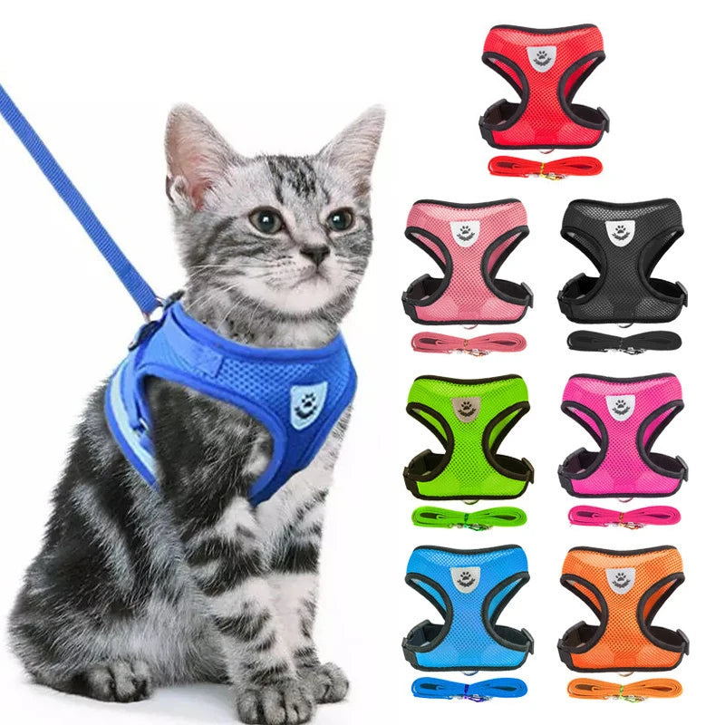 NEW Cat Harness Adjustable Vest Walking Traction Rope Set for Dog Collar Breathable Mesh Harness for Small Medium Cat Dog Pet Lead Reflective Strips Pets Supplies