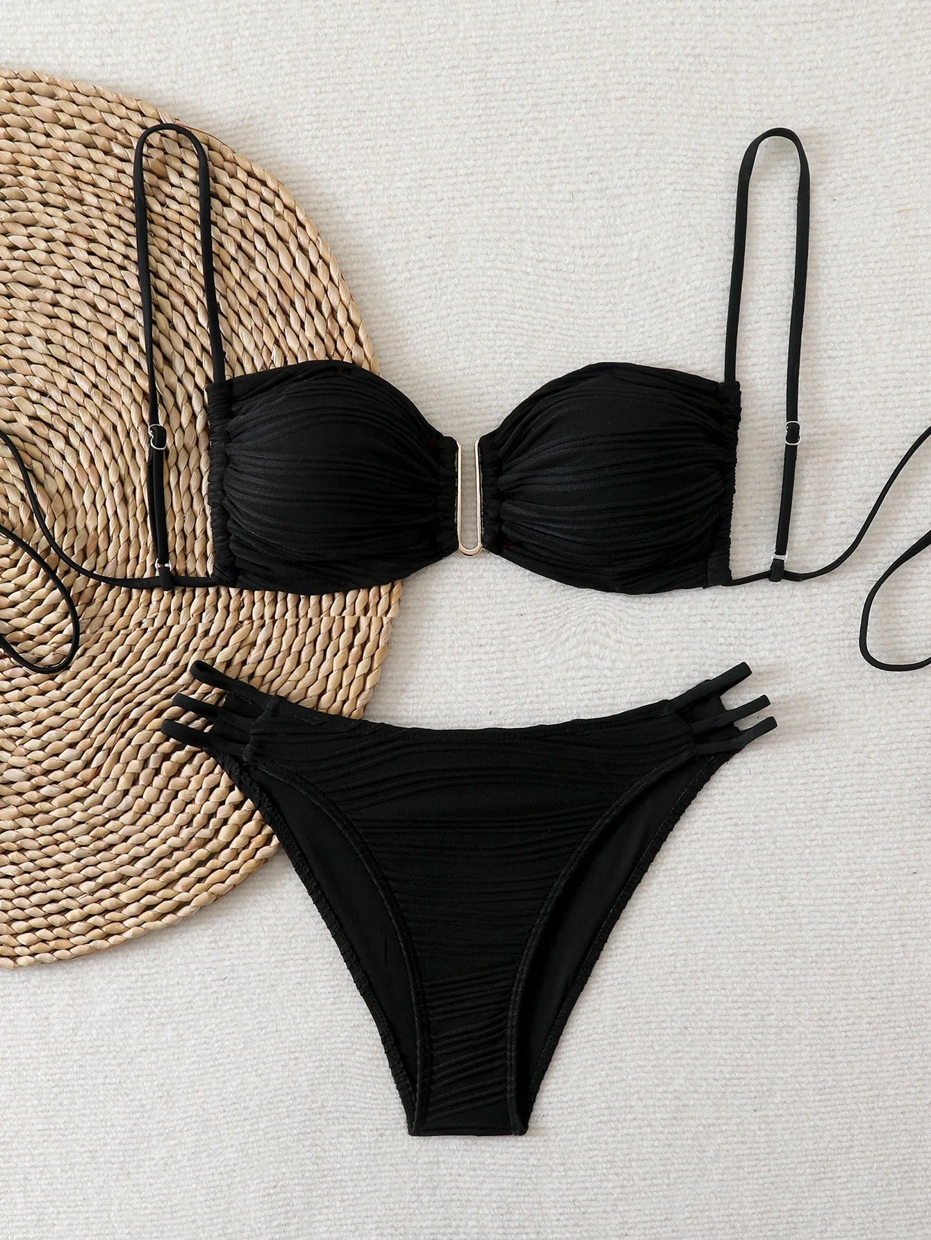 4 Colors Sexy Backless Folded Bikini Pure Color Three-Point Swimsuit Strap Binding Set Women's Adult Swimwear Bathing Set.