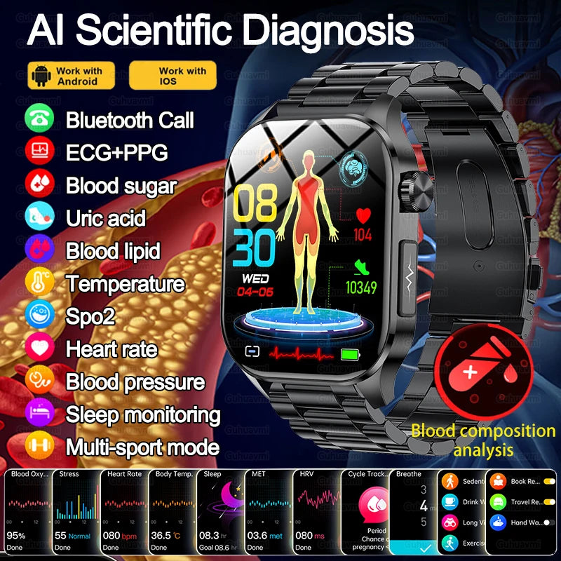NEW HOT SALE All Scientific Medical Diagnosis Blood Glucose Fat Oxygen Blood Pressure Heart Rate Multi-Languages Lipids Monitor Health Smart Watch Men ECG+PPG IP68 Waterproof Sport Smart Watch Sports Electronics Accessories