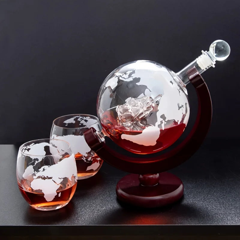 NEW Arrivals Wine Whiskey Decanter Set Globe Wine Aerator Glass Sets Inside Pure Crystal with Fine Wood Stand Liquor Decanter for Vodka Cup Bar Accessories