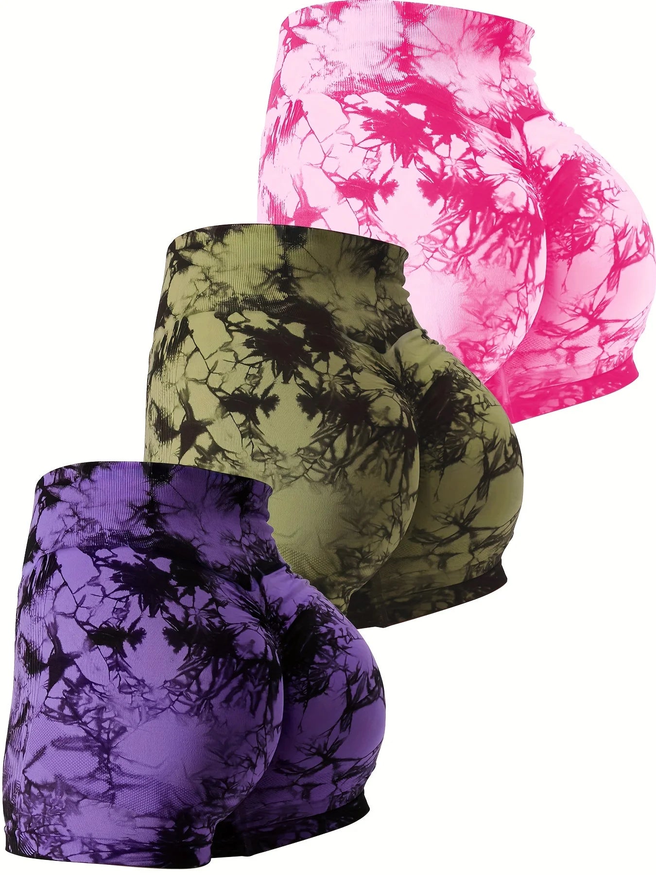 NEW Arrivals 3PCS Set Women High Waist Seamless Tummy Control Yoga Shorts - Sporty Tie Dye, Breathable Fitness Outdoor Running Hiking Gym Girls Sexy Sports Apparel Supplies