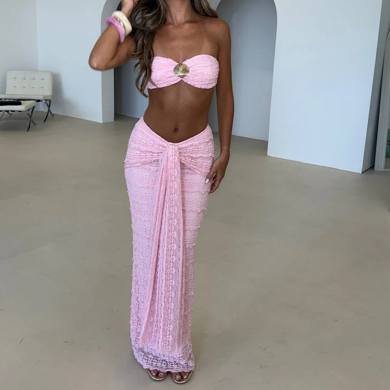 NEW 2PCS Set Sexy Club Party Beach Clothes Women Summer Shells Strapless Bandeau Crop Top + Tie Front Maxi Skirt Coquette Outfits