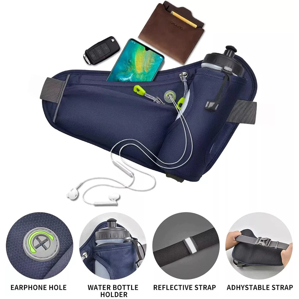 NEW Arrivals 6 Colors Waterproof Running Waist Bag Cycling Bumbags with Water Bottle Holder Travel Walking Dog Sport Waist Bag& Reflective Strips