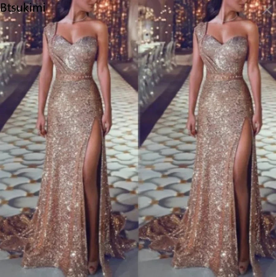 NEW Arrivals M-4XL 8 Colors Women's Wedding Party Dress Evening Elegant Sexy Deep V-Neck One Shoulder Sleeveless Sequined Long Maxi Dresses Ladies Luxury Fashion Clothing Products