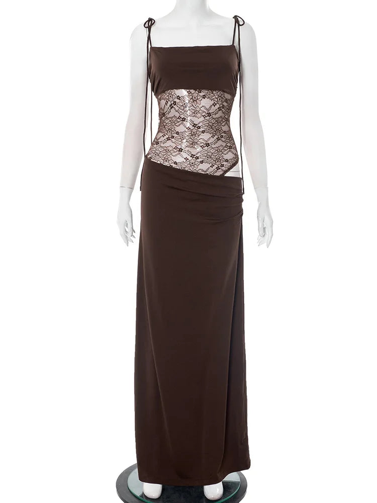 NEW Arrivals 4 Colors Elegant Lace Cut Out Maxi Dresses for Women Sexy Spaghetti Strap Patchwork Holidays Party Dress Summer Backless Long Dress