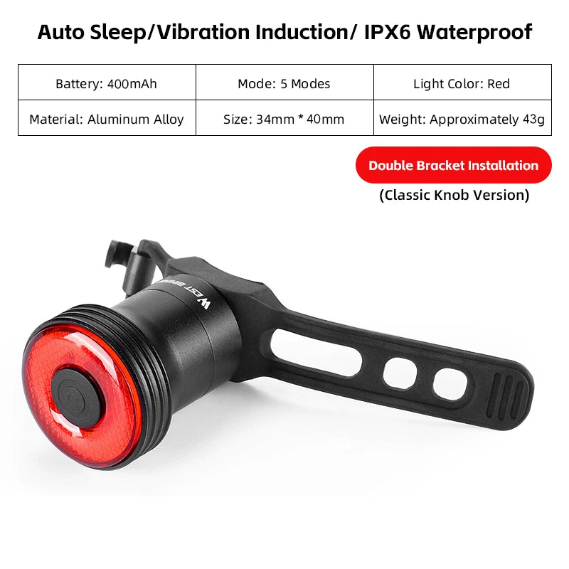 NEW 500mAH Bike Smart Induction Taillight Bright LED Lamp Beads Rear Light MTB Road Bike Waterproof Aluminum Alloy Tail Light Bicycle Lighting Accessories Sports Supplies