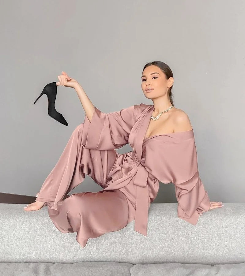 NEW 2PCS Set S-3XL Plus Size 5 Colors Solid Women Luxury Robes with Sashes Wrist Sleep Tops Satin Pants Loose Pajamas Casual Sleepwear Female Home Suits