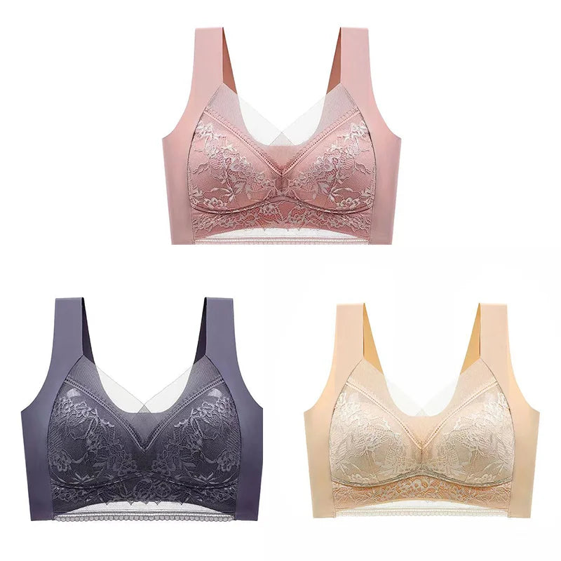 NEW Arrivals 3PCS Set L-(45-50KG) 5XL(100KG) Women Lace Bra Bralette Push Up Perspective Ice Silk Deep V Bra Sexy Lingerie Tops Plus Size Cup Mom's Underwear Chubby Ladies Underwear