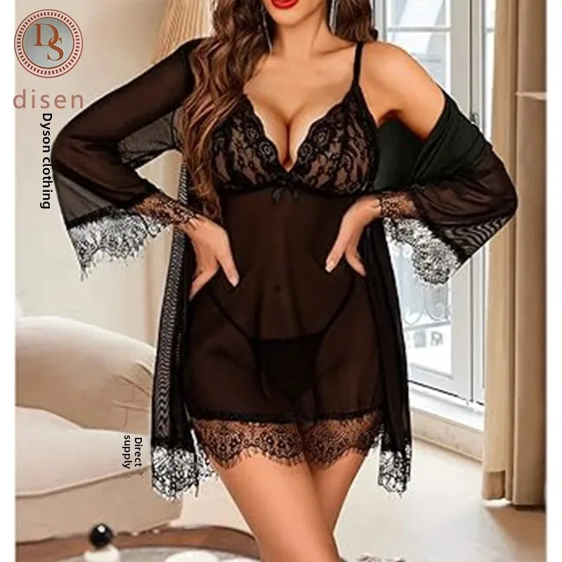 NEW Arrivals 2PCS Set S-2XL 4 Colors Sexy Lace Nightgown Women's Summer Thin Transparent Loose Home Clothes Sleepwear Comfortable Plus Size Underwear Ladies Nightdress Suit
