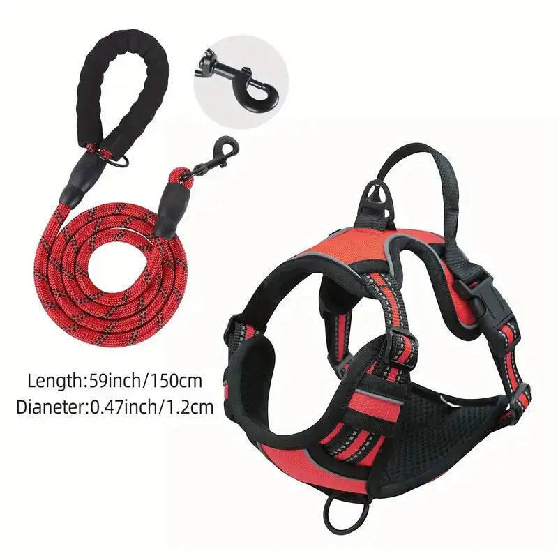 NEW 2PCS Set Service Dog Leash + Harness Front Clip Heavy Duty Reflective Easy Control Handle for Large Dog Walking Easy to Control for Small Medium