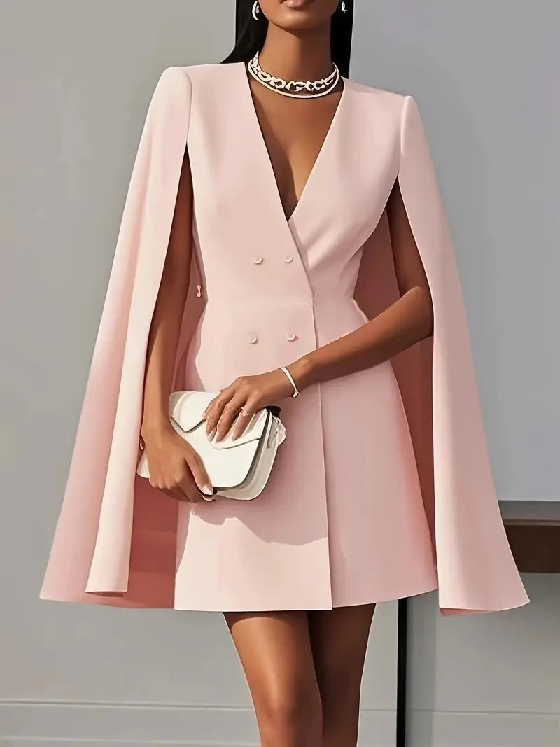 S-2XL UK Size 4 Colors Women Fashion Commuter Solid Luxury Blazers Dress Office Lady Double Breasted Waist Evening Party Dress Elegant V-Neck Shawl Cape Sleeve Formal Midi Dress