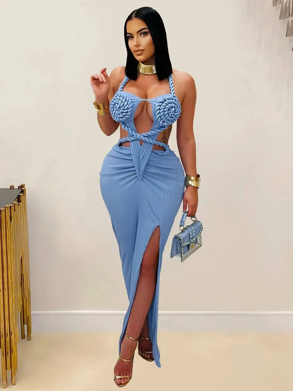 NEW S-2XL UK Plus Size 6 Colors Women's Cut-Out Ruched Maxi Dress Sexy Halter Neck Backless High Slit Bandage Party Dresses Birthday Outfits