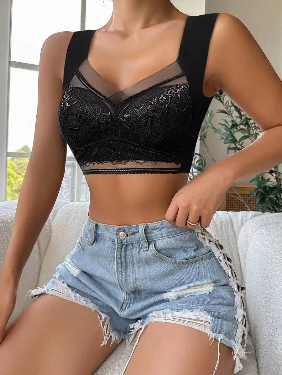 NEW Arrivals 3PCS Set L-(45-50KG) 5XL(100KG) Women Lace Bra Bralette Push Up Perspective Ice Silk Deep V Bra Sexy Lingerie Tops Plus Size Cup Mom's Underwear Chubby Ladies Underwear