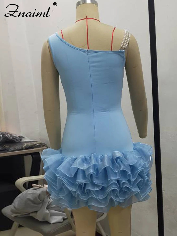 NEW Arrivals S(8)-3XL(20-22) UK PLUS Size Pink/Blue/White/Red Luxury Chubby Women Blue Stretchy Mini Dresses With Pearls Ruffles Trimmed Bottom Sexy Sheath Short Wedding Guest Evening Birthday Party Gowns