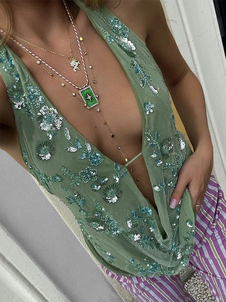 NEW Arrivals UK Size Green/Brown Sexy Deep V Neck Beach Tank Top Hot Girls Summer Sequins Patchwork Sleeveless Vest Women Evening Beach Party Night Club Sexy Backless Top