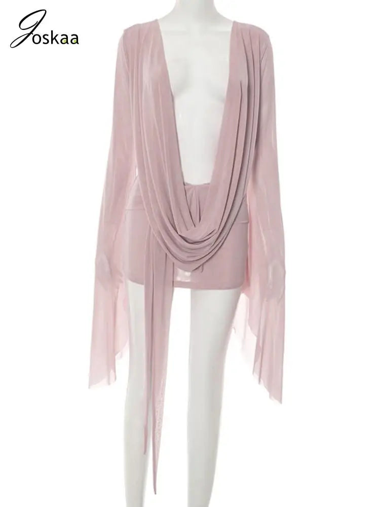 NEW Arrivals Pink/White/Brown Color UK Size Women's Summer Sexy Sheer Mesh See Through Mini Dress Sexy Swing Collar Full Sleeve Irregular Backless Vacation Beachwear