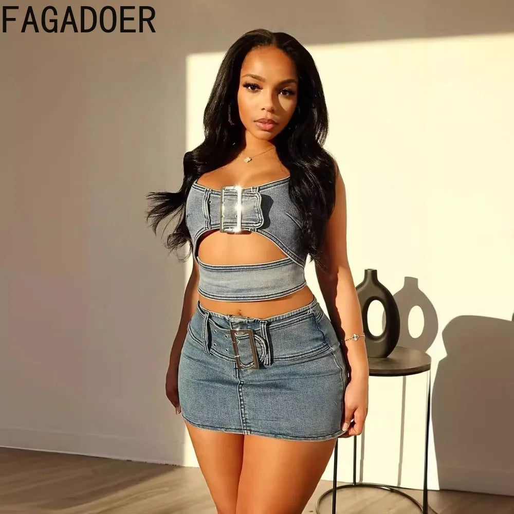 Blue Fashion Hollow Out Elasticity Denim Two Piece Sets Women Thin Strap Sleeveless Tank Top And Skirts Cowboy Outfits