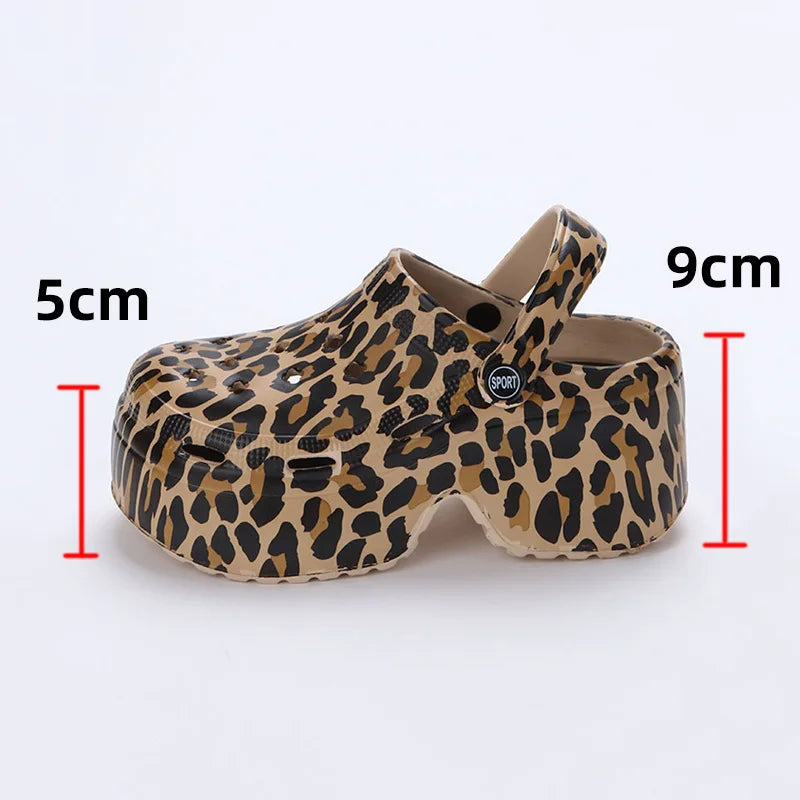 Leopard Thick Bottom Clogs for Women Closed Toe Chunky Platform Sandals Woman Summer Super High Wedge Heel Slippers Female