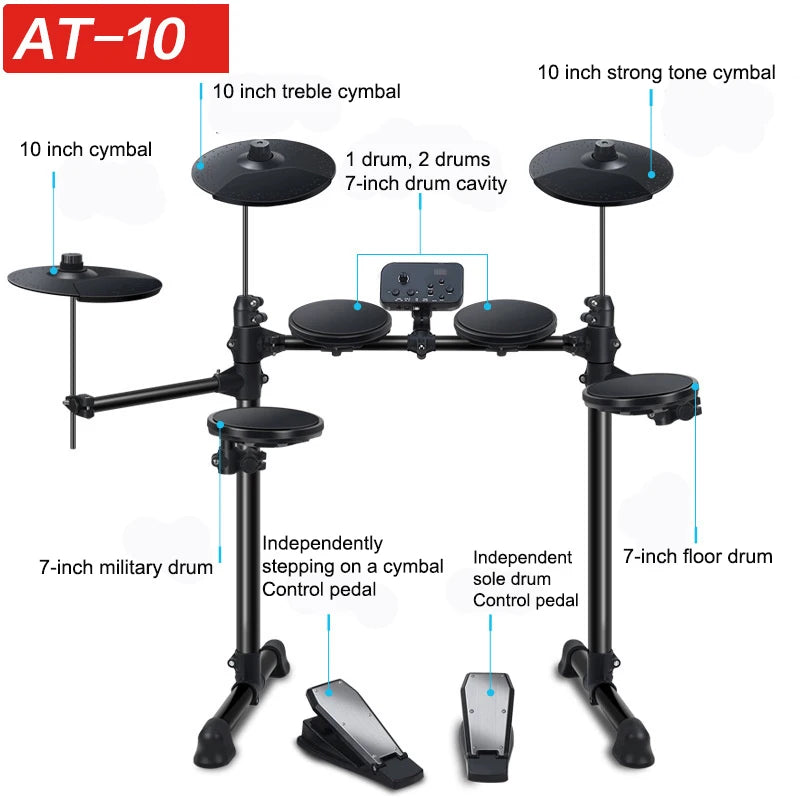 NEW Electronic Drum Set MT10 Convenient 5-Drum, 3-Cymbal All-Silicone Electronic Drum Kit 180 Tones USB, MIDI, Headphone Interface Music Instruments Accessories Supplies