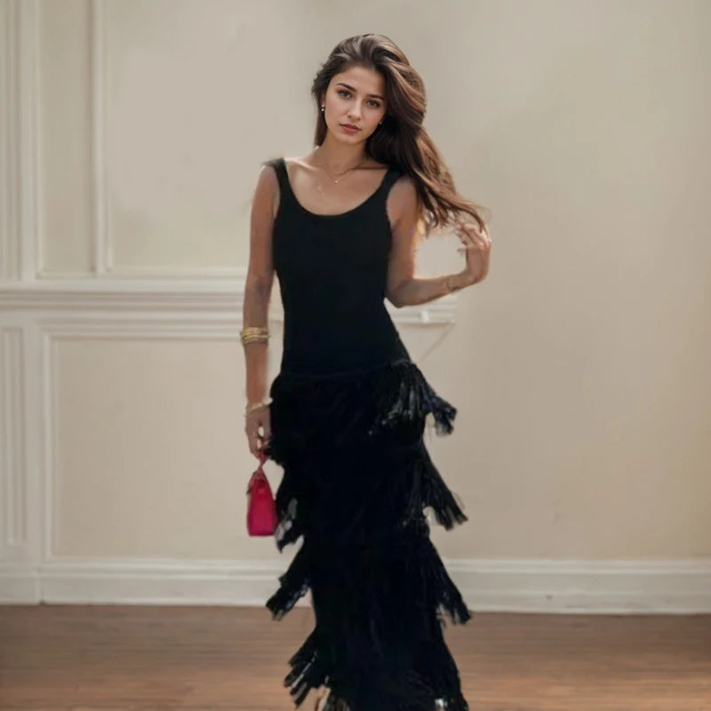NEW Arrivals UK Size Pink/Green/Black Knitted Fringed Dress for Women European and American Style Sexy Slim Fit Tassel Sleeveless Long Knitted Dress Sexy Sling Dress