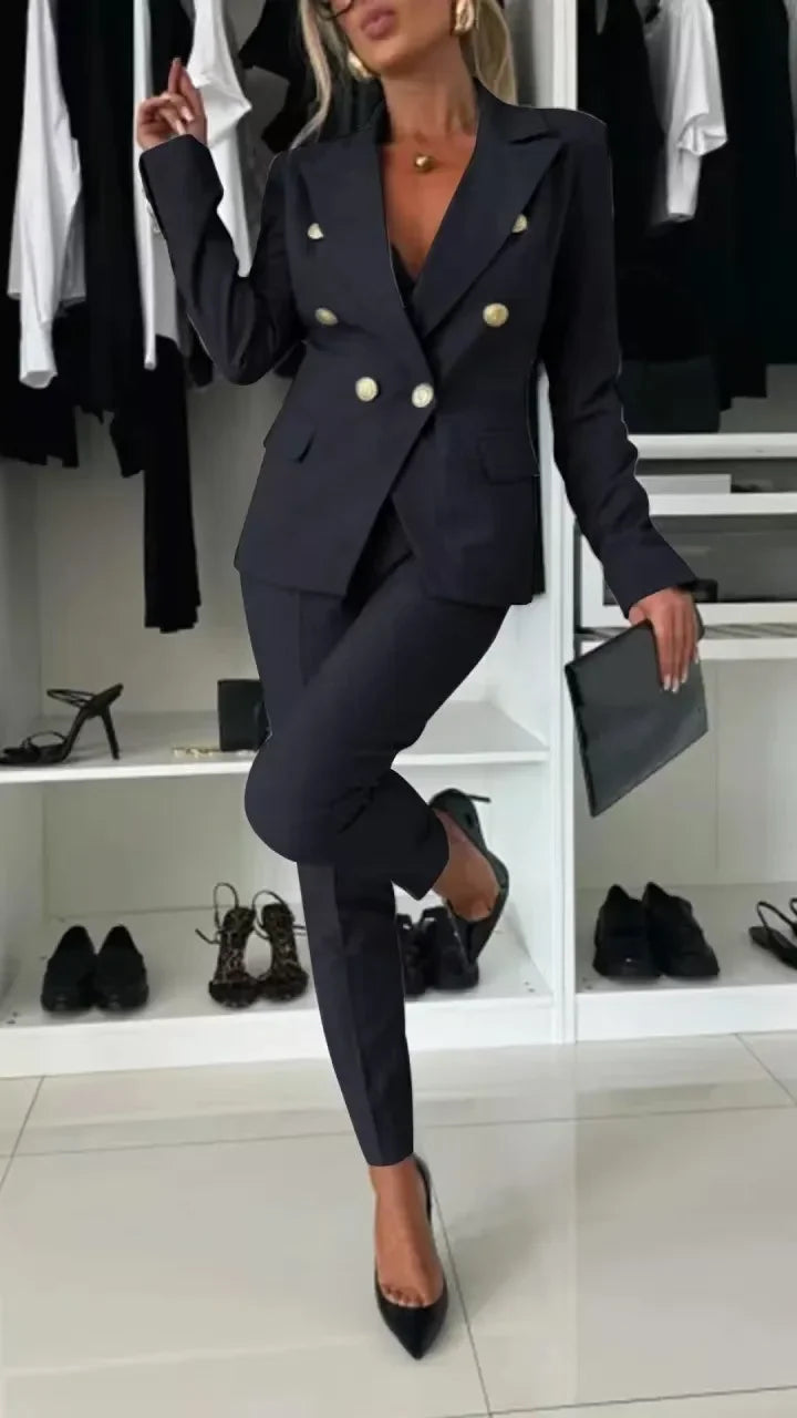 NEW Arrivals 2PCS Set UK S-2XL Size 8 Colors Women Office Smart Clothes Suit Blazer Double Breasted Button Solid Color Jacket & High Waist Slim Pencil Pants Ladies Luxury Fashion Clothing Supplies