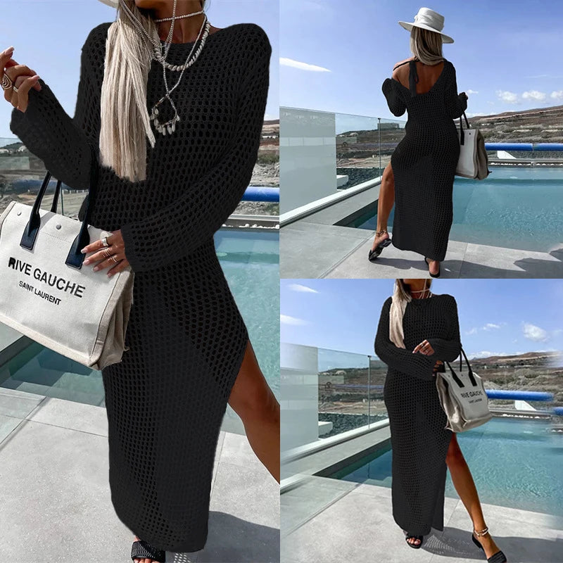NEW Arrivals 5 Colors Sexy Casual Women's Beach Holiday Style Fishing Net Hollow Crew Neck Long-sleeved Bikini Swimsuit Fishnet Cover Up Split Maxi Dress
