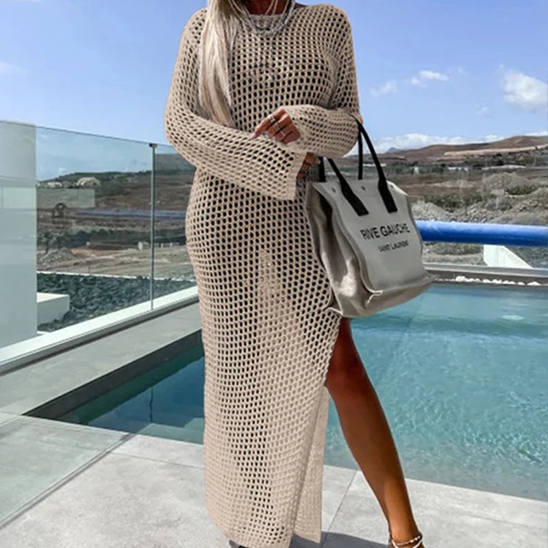NEW 5 Colors Beach Rave Party Sexy Perspective Handmade Knit Round Collar Long-Sleeve Lacing Solid Bikini Swimsuit Cover Up Long Split Dress See Through Bikini Swimwear Sexy Cover Up Dress