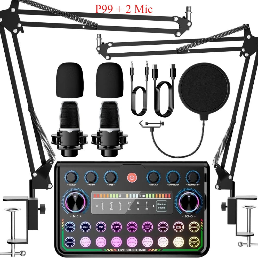 Professional P99 Live Sound Card Podcast Equipment Live Broadcast DJ Device with MC98 Microphone Set For Music/Recording Live Streaming