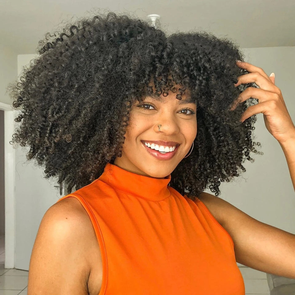 NEW Blonde and Afro Kinky Curly Bob 8-16Inc 180-250 Density Wig Human Natural Hair Machine Made Glueless Wig With Bangs Brazilian Ombre Blonde and Black Short Bob Wigs Human Hair