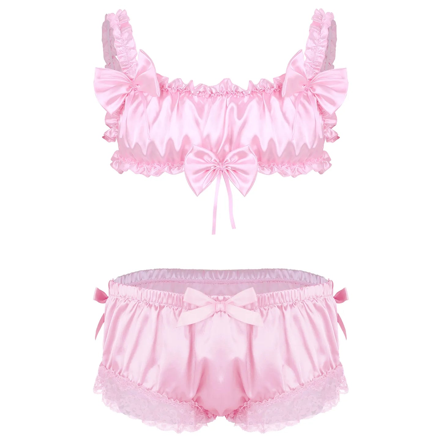 Men's Sissy 2 Pieces Lingerie Set Satin Frilly Ruffled Lace Crop Top Bra Tops with Floral Lace Bowknot Briefs Panties Nightwear