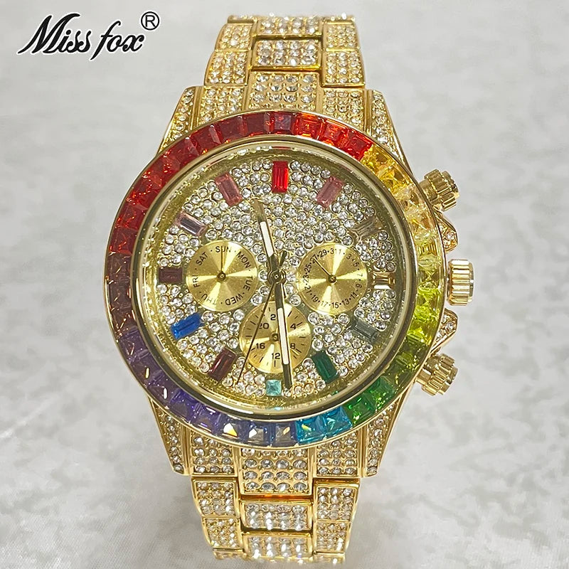 NEW Luxury Brand Gold Hip Hop Watches Men Fashion Rainbow Diamond Waterproof Smart Watch Full Steel Sports Clocks Male Wrist Watches Luxury Gifts for Husband Boyfriend