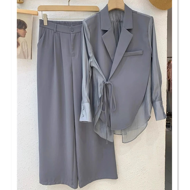 2PCS Set Luxury Women Summer Workwear Shirt Patchwork Short/Long Blazers Shorts Suits New Office Lady Lace Up Tops Pants Outfits Ladies Luxury Fashion Clothing Supplies