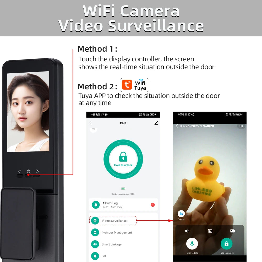 NEW Arrivals P8 TUYA App Wi-Fi Smart Lock, 21 Languages, Remote Video Call Intercom, Face-Palm IC Card Unlock, Black/Gray Anti Theft Top Quality Security System Home Apartments Office Security Supplies