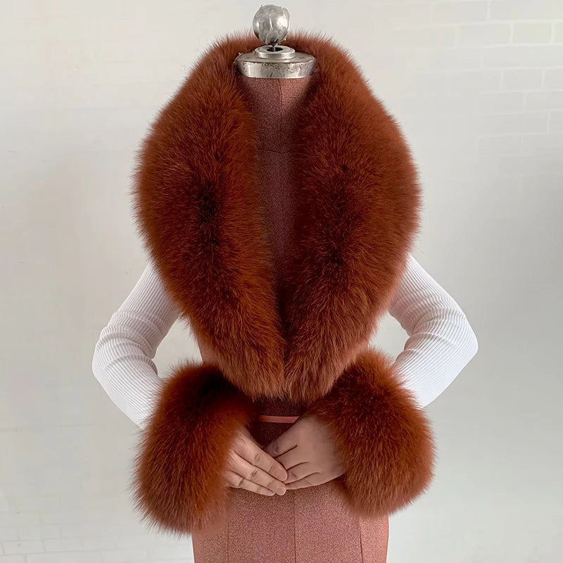 NEW Arrivals 6 Colors Set Women Winter 100% Natural Fox Fur Scarf Jacket Fur Collar Authentic Neck Scarves And Cuff Set Luxury Fox Fur Warm Neck Warmers Ladies Luxury Fashion Apparel Accessories