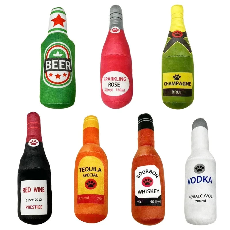 NEW Arrivals Creative Beer Champagne Vodka Bottle Shaped Plush Dog Squeaky Toys Soft Small Large Dog Interactive Bite-Resistant Clean Chew Toy Pet Accessories