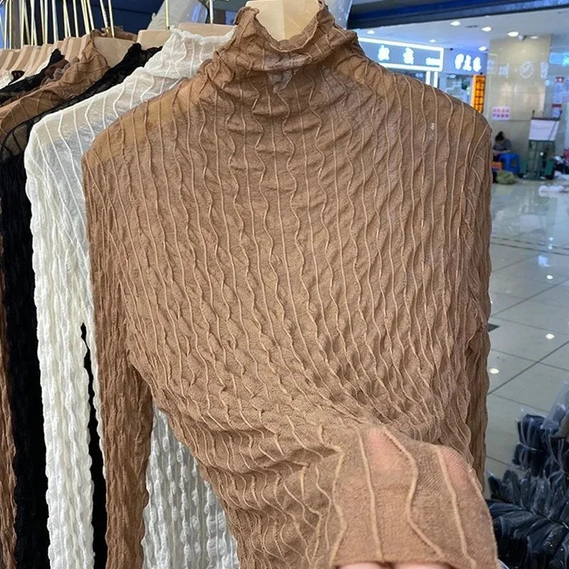 NEW Arrivals S-2XL 6 Colors European Style Polo/Turtle Neck Lace Base Layer Top Women's Long Sleeve 2021 Spring Autumn Thin Versatile Transparent Inner Top