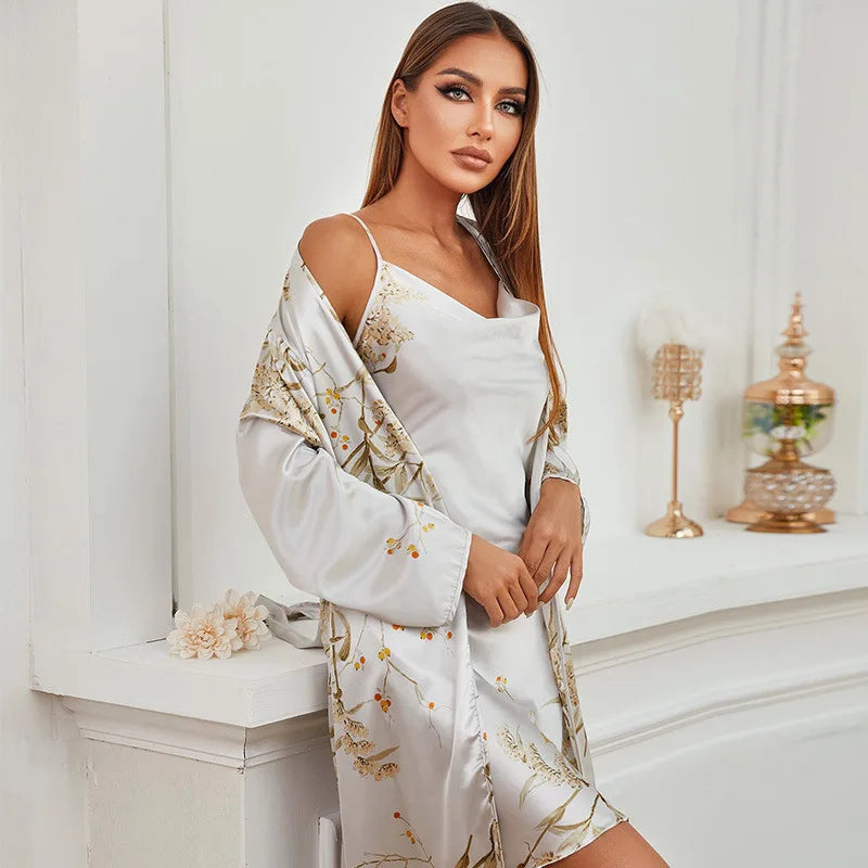 NEW Arrivals 2PCS Set S-XL, 6 Colors Women's Luxury Nightgown Women's Pajamas Satin Dress Sexy Slip Dress Women's Silk Honeymoon Robe Satin Woman Nightie Home Suit for Women