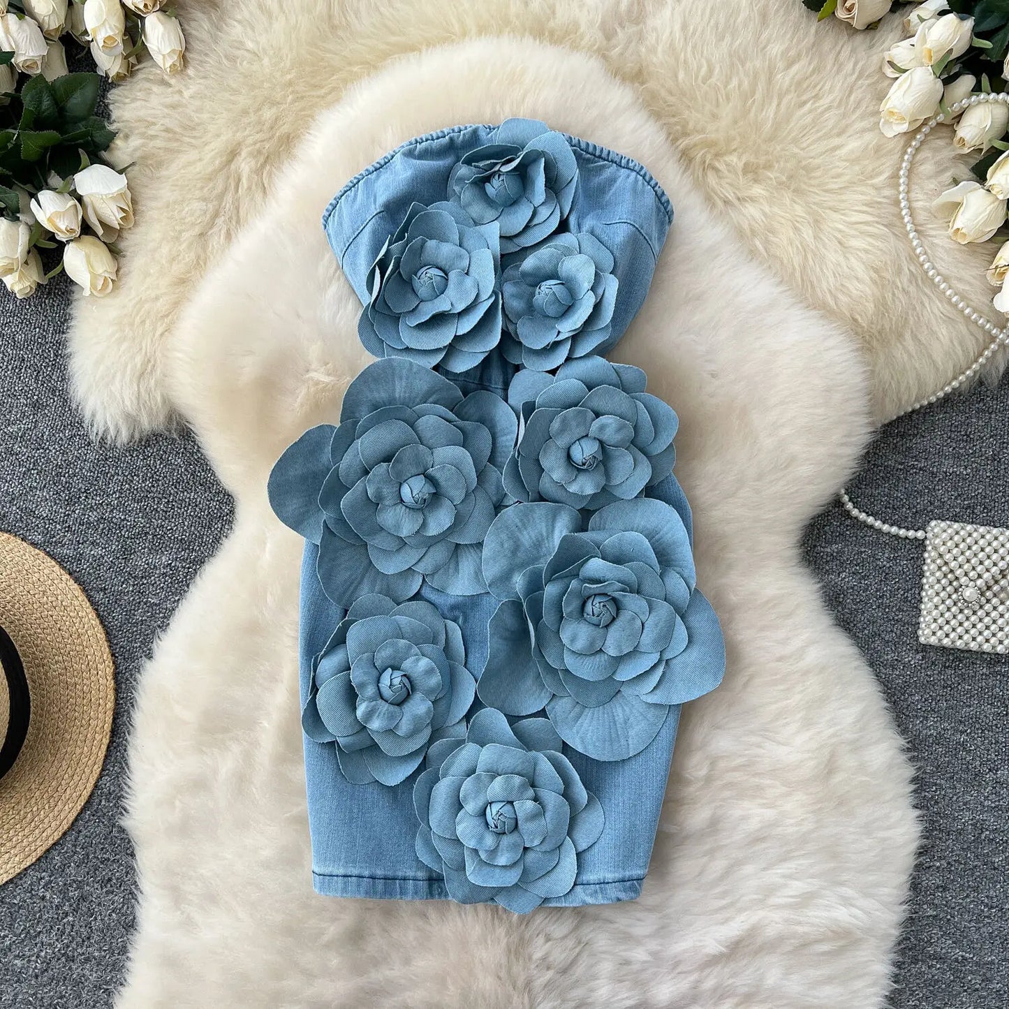 NEW Arrivals S-2XL UK Plus Size Elegant 3D Flower Rose Short Party Dresses Women Summer Holiday Sleeveless Strapless Corset Blue Denim Jeans Dress Mini Dress