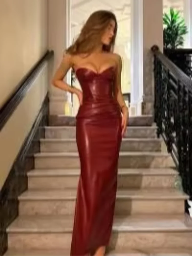 NEW Arrivals Women Sexy Deep V Red Lattice Leather Maxi Dress Fashion Long Sleeve High Waist Fold Slim Dresses Lady New Highstreet Evening Party Nightclub Dress Ladies Luxury Fashion Clothing Supplies