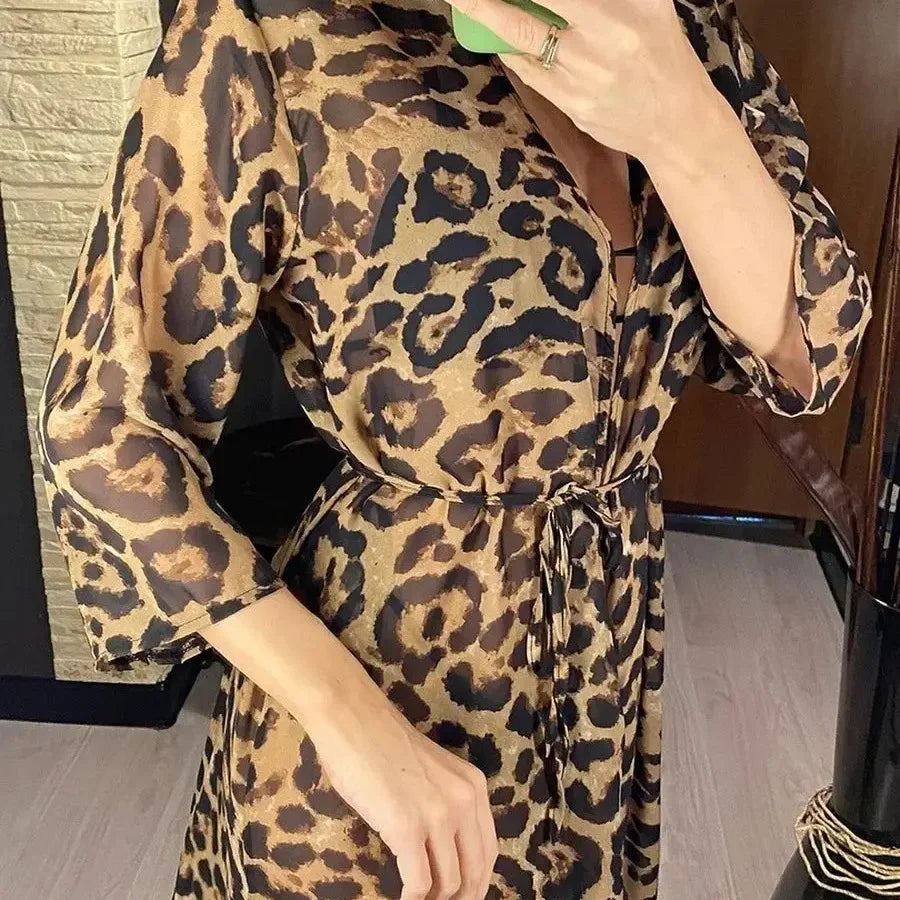 NEW Sexy Chic Long Dress V-Neck Color Block Leopard Belted New Holiday Bikini Cover-Up Beach Skirt Maxi One Piece Women's Gown