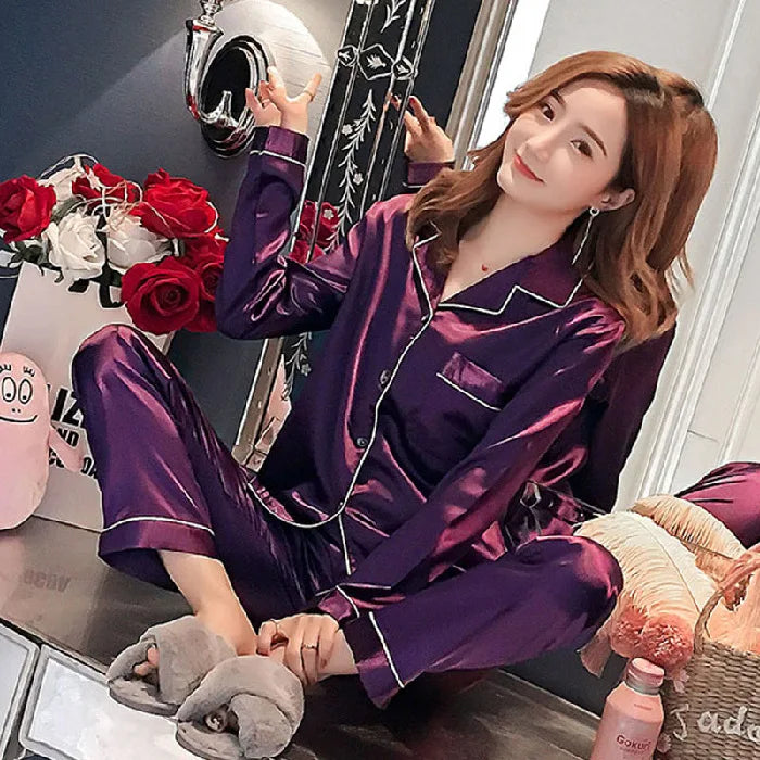 2PCS Set M-5XL Plus Size Ice Silk Pajamas Women Long-Sleeved Solid 8 Colors Loose Home Wear Ladies Comfortable Sleepwear Nightwear Ladies Girls Luxury Fashion Nightwear Supplies