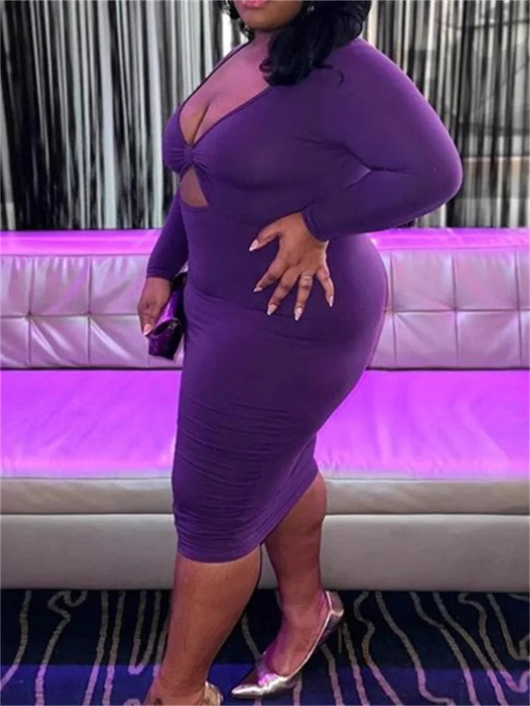 NEW Arrivals XL(18)-5XL(26-28) UK Plus Size Sexy Spring Summer Purple Dress Chubby Women Bodycon Stretch V-Neck Hollow Out Elegant Long Sleeve Summer Evening Party Maxi Dress