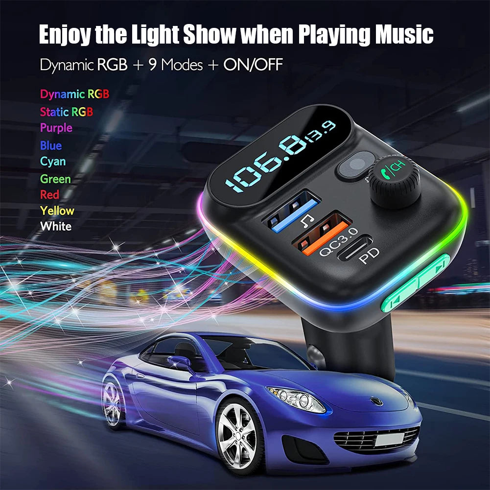 Car Bluetooth 5.0 FM Transmitter QC3.0 PD Type C Dual USB Car Charger Ambient Light Handsfree Mp3 Player Support TF Card