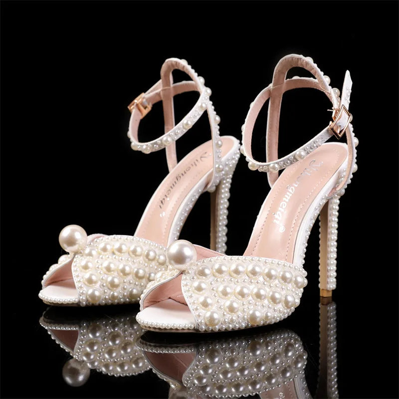 Women Sandals Fashion High Quality Wedding Shoes Women New Pearls Studs Luxury Peep Toe High Heels Buckle Woman Sandal