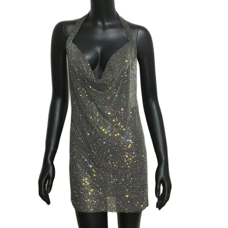 NEW Arrivals 7 Colors Luxury Crystal Rhinestone Sequins Mini Dress NEW Women Halter Backless Slit Metal Mesh Cocktail Evening Party Summer Beach Bar Night Clubwear Dresses