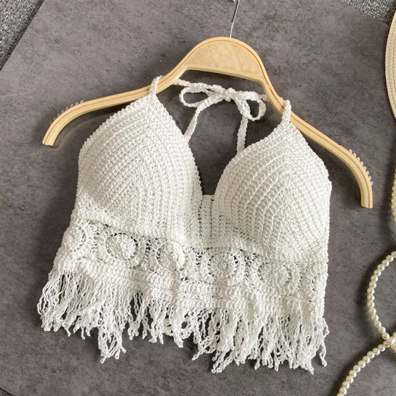 Handmade Sexy Beach Holiday Camisole Halter Women Crochet Knit Swimsuit Bra Backless Vest Hollow Tassel Tank Top Women's Female Crop Tops Girls Ladies Summer Luxury Fashion Clothing Products