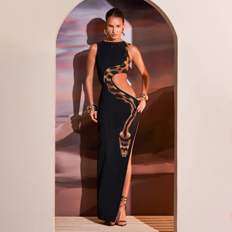 Women Summer New Snake Print Sexy Slim High Slit Long Dresses Hollow Out Sleeveless Sexy Party Dress Club Cloth