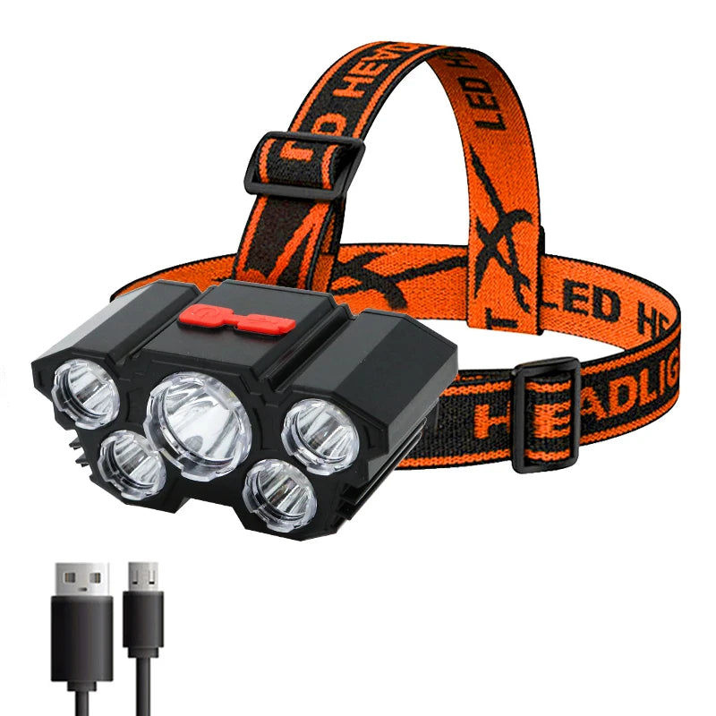 NEW Arrivals 5 LED Flashlight Rechargeable with Built in Battery Strong Light Home Outdoor Camping Adventure Fishing Head Light Headlamp