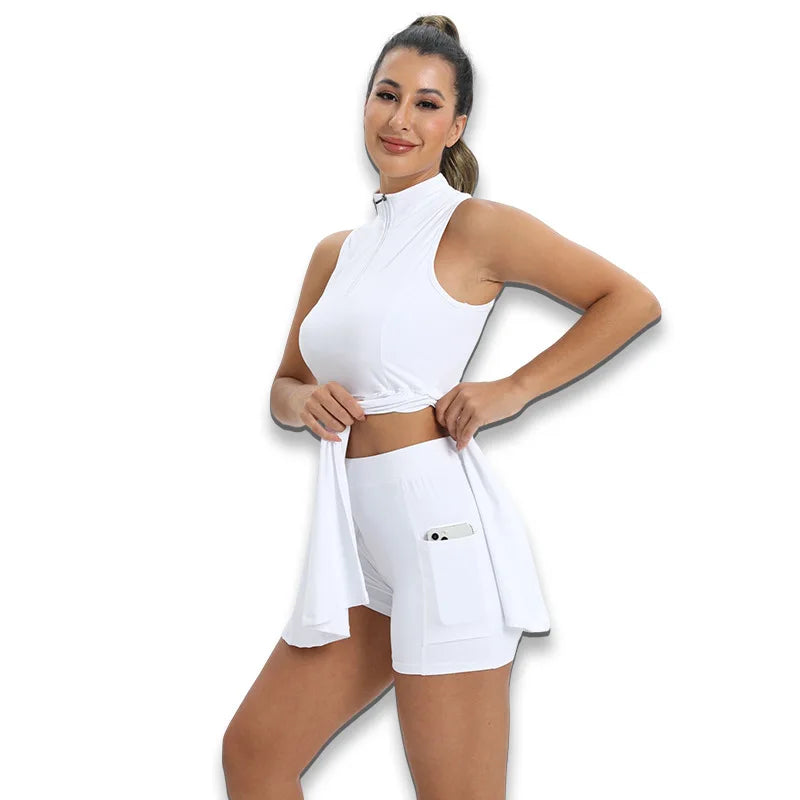 Tennis Yoga Golf Uniform, Built-in Shorts, Lapel Waist, Fitness Breathable Sleeveless Sports Training Uniform, Tennis Sports Dress
